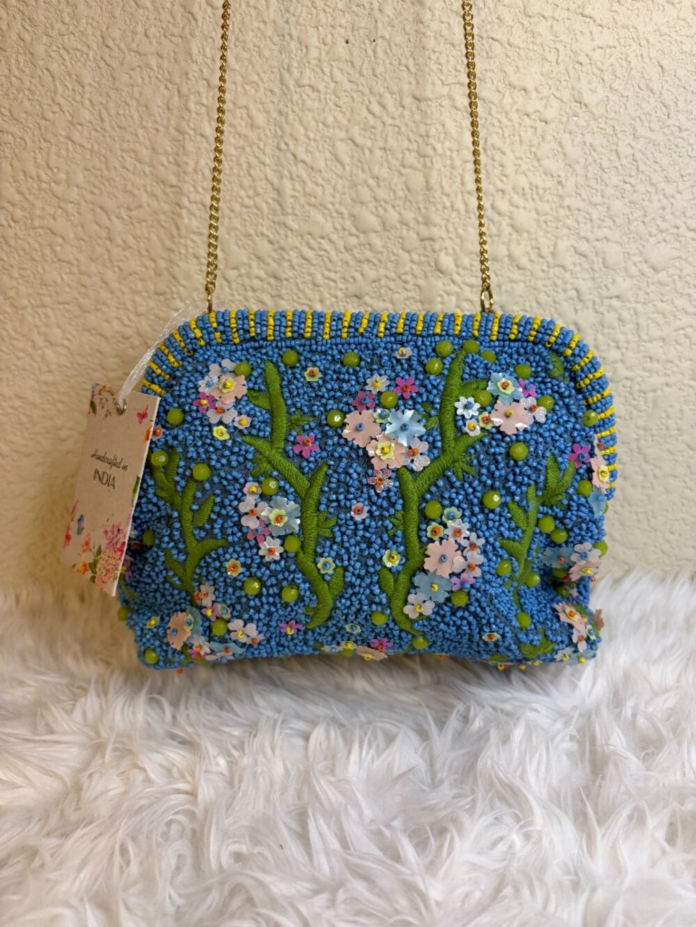 Viral Made in India Blue Floral Beaded Crossbody Bag Sequin Purse NWT